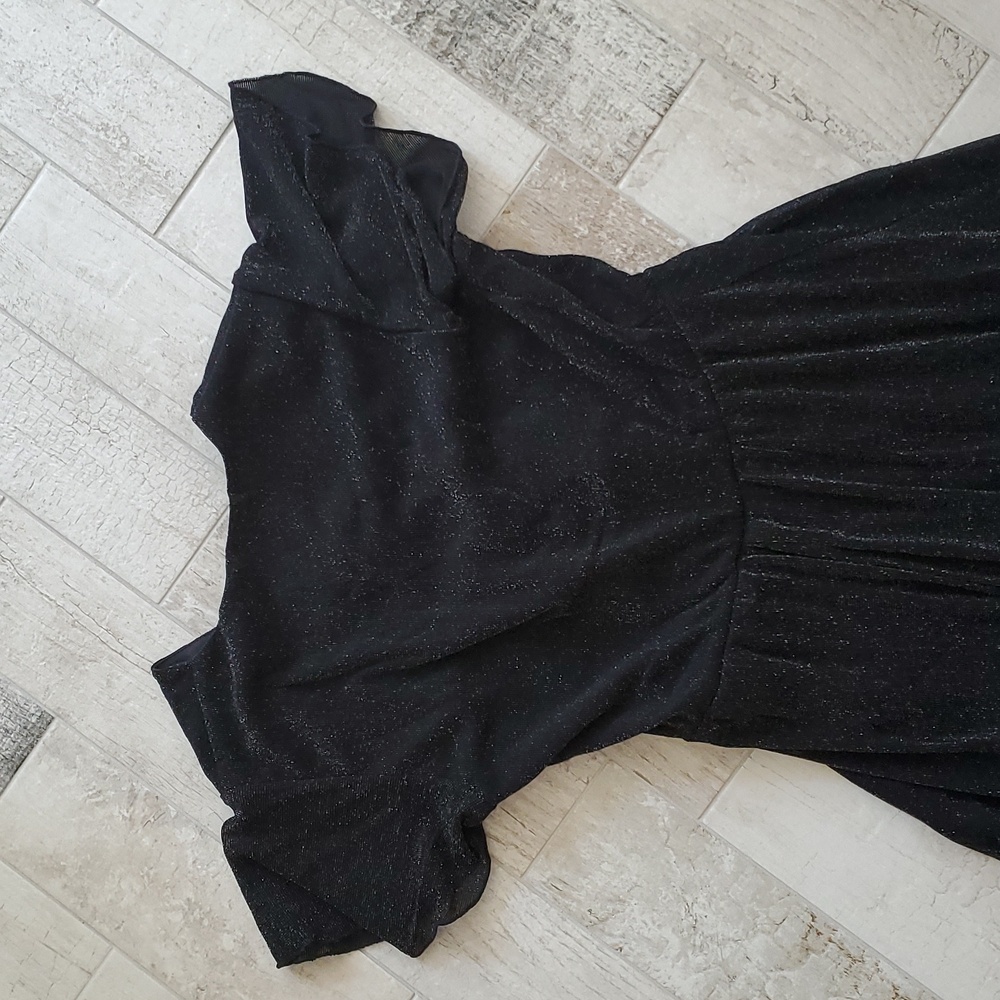 New Women's Small Black Silver Metallic Thread Dress Cap Ruffle Sleeve Hi Lo Hem - Picture 7 of 9